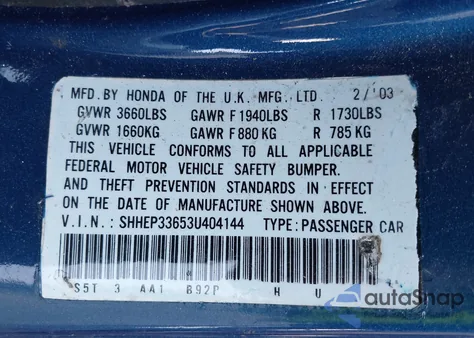 2003 Honda Civic Si z USA, uszkodzony, nr VIN SHHEP33653U404144